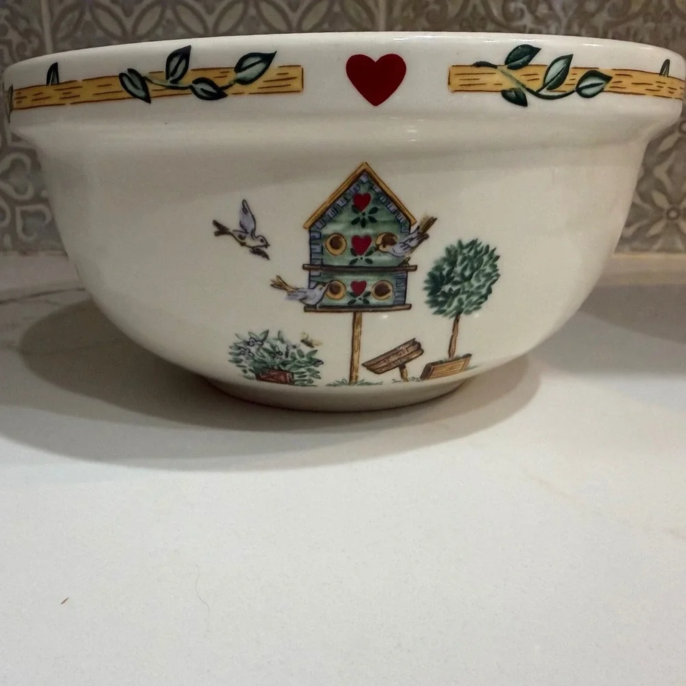 Thomson Pottery Folk Art Birdhouse Nesting Mixing Bowls Set of 2 Hearts Country